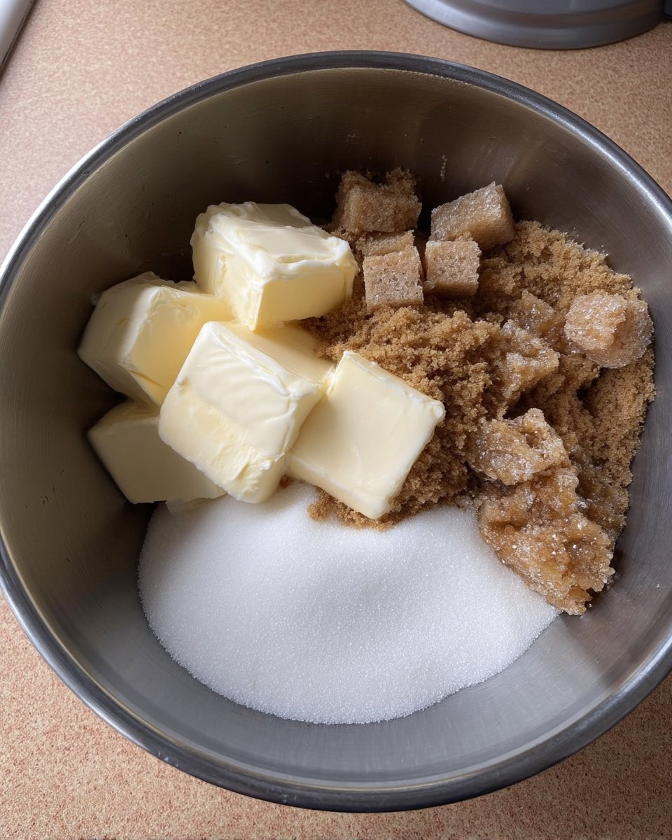 Mrs Fields Copycat 12 Wholesome ingredients like dark brown sugar, cold butter, and real vanilla extract on a wooden table.