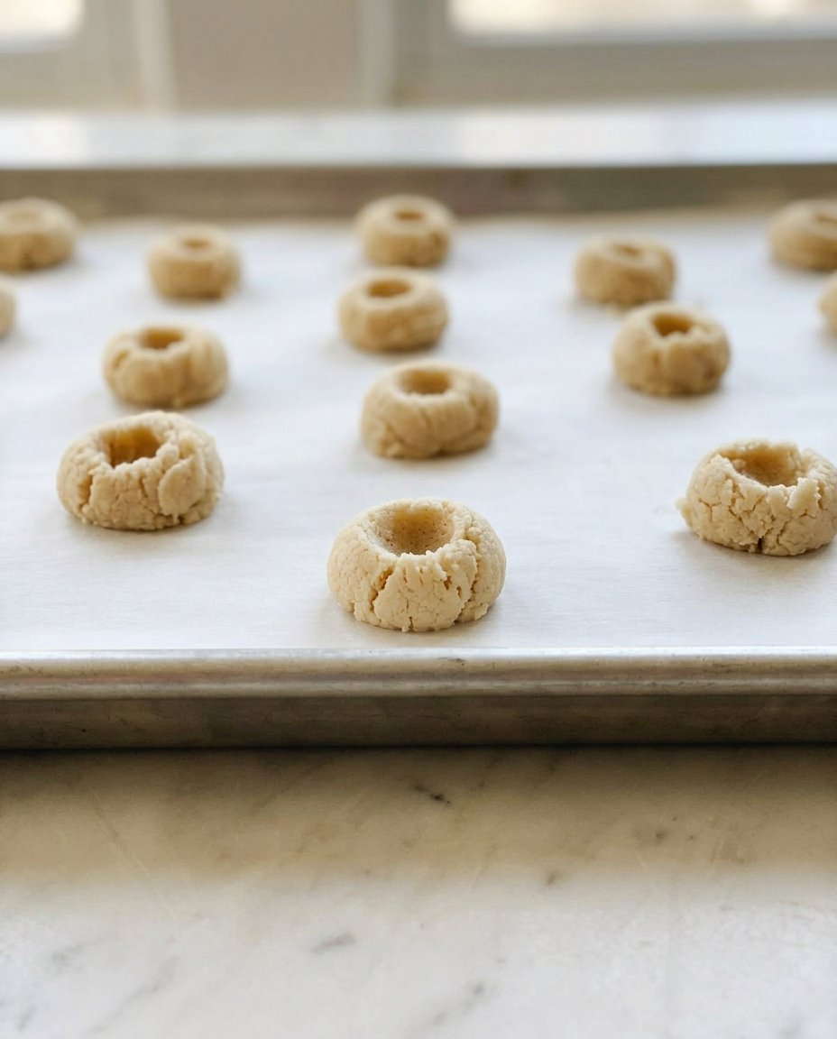Raspberry Thumbprint 12 A flat lay of natural ingredients including butter, flour, raspberry jam, and almond extract on a wooden table.