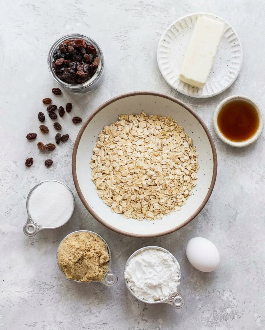 Double Oatmeal Raisin 12 Ingredients for oatmeal cookies including rolled oats, cinnamon, and plump raisins