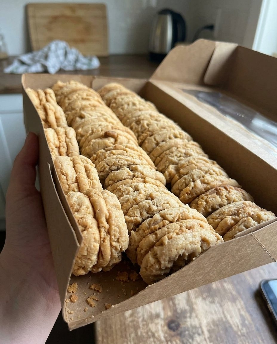 Nutter Butter Copycat cookies stacked on a farmhouse table with fresh peanuts nearby