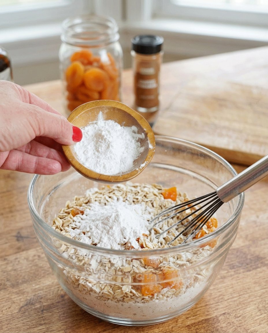 Ingredients for oatmeal apricot cookies including butter, oats, maple syrup, and dried apricots