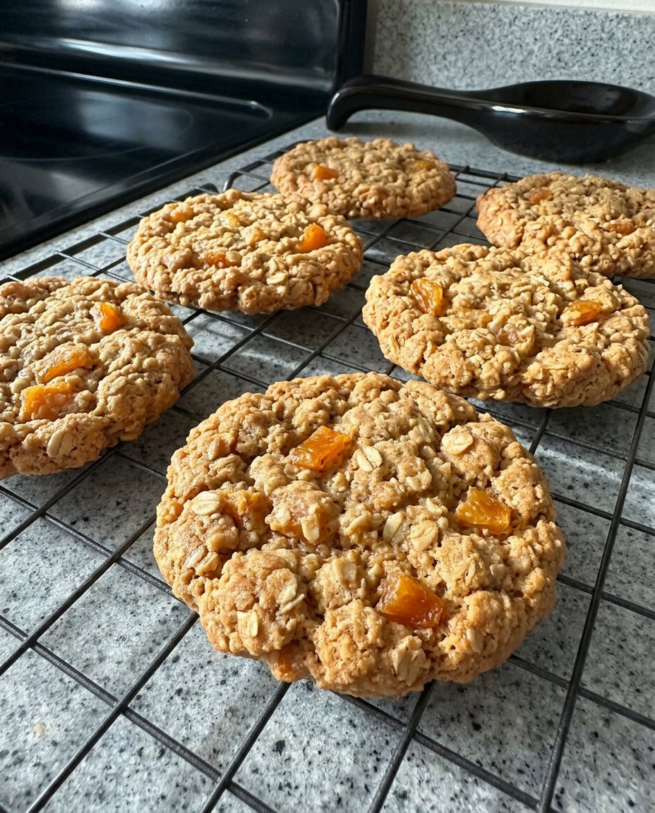 A stack of oatmeal apricot cookies next to a cold glass of milk