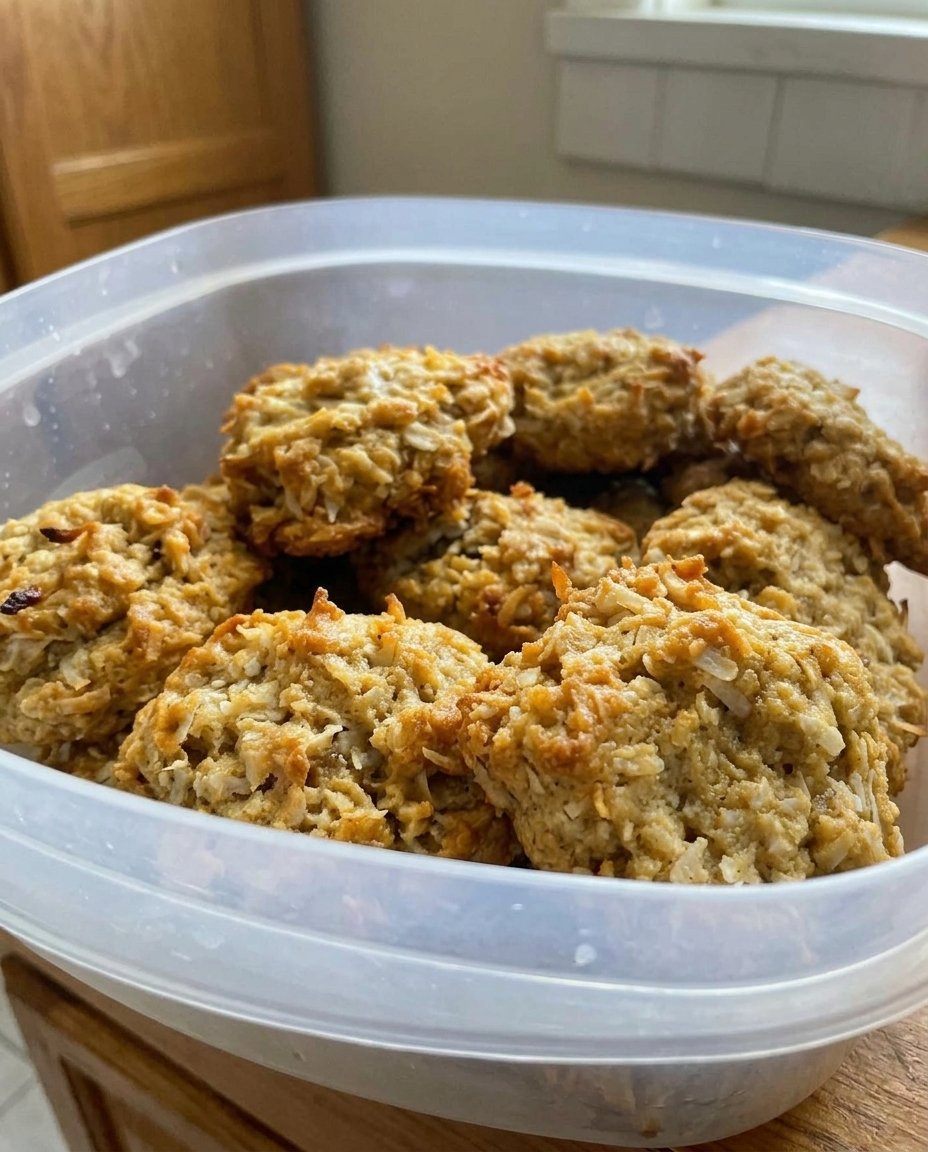 Oatmeal coconut cookies next to a tall cold glass of milk