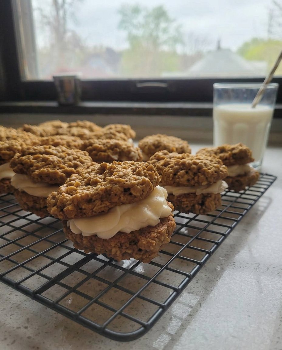 Homemade oatmeal cream pies stacked on a rustic wooden table in a sunlit kitchen
