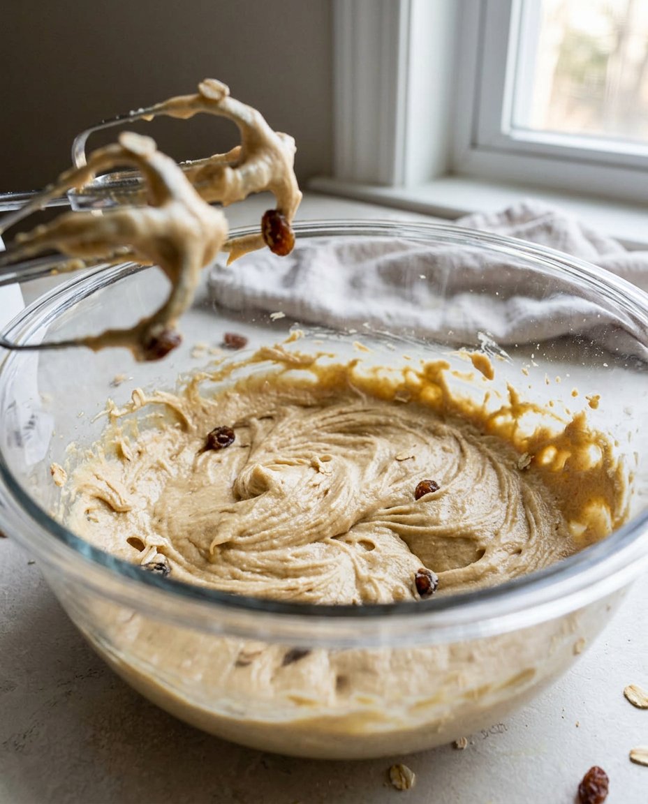 Double Oatmeal Raisin 13 Close up of the chewy texture of an oatmeal raisin cookie