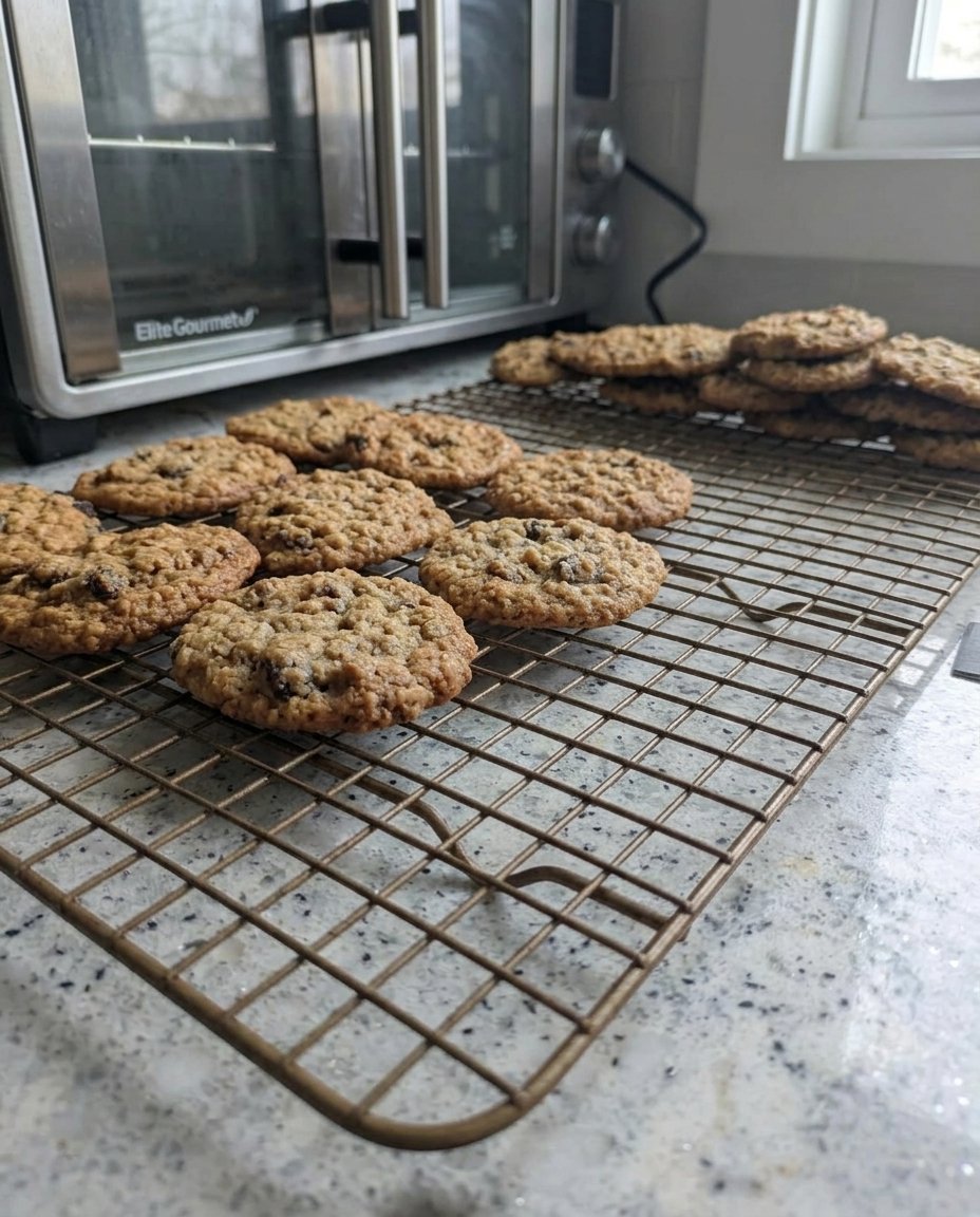 A stack of thick oatmeal raisin cookies on a serving platter