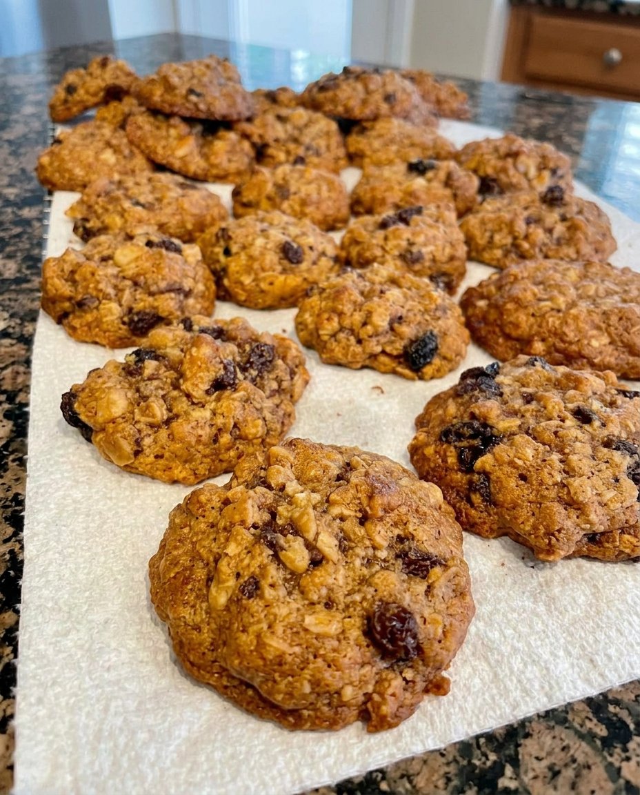 Oatmeal raisin walnut cookies served on a rustic platter with apple slices
