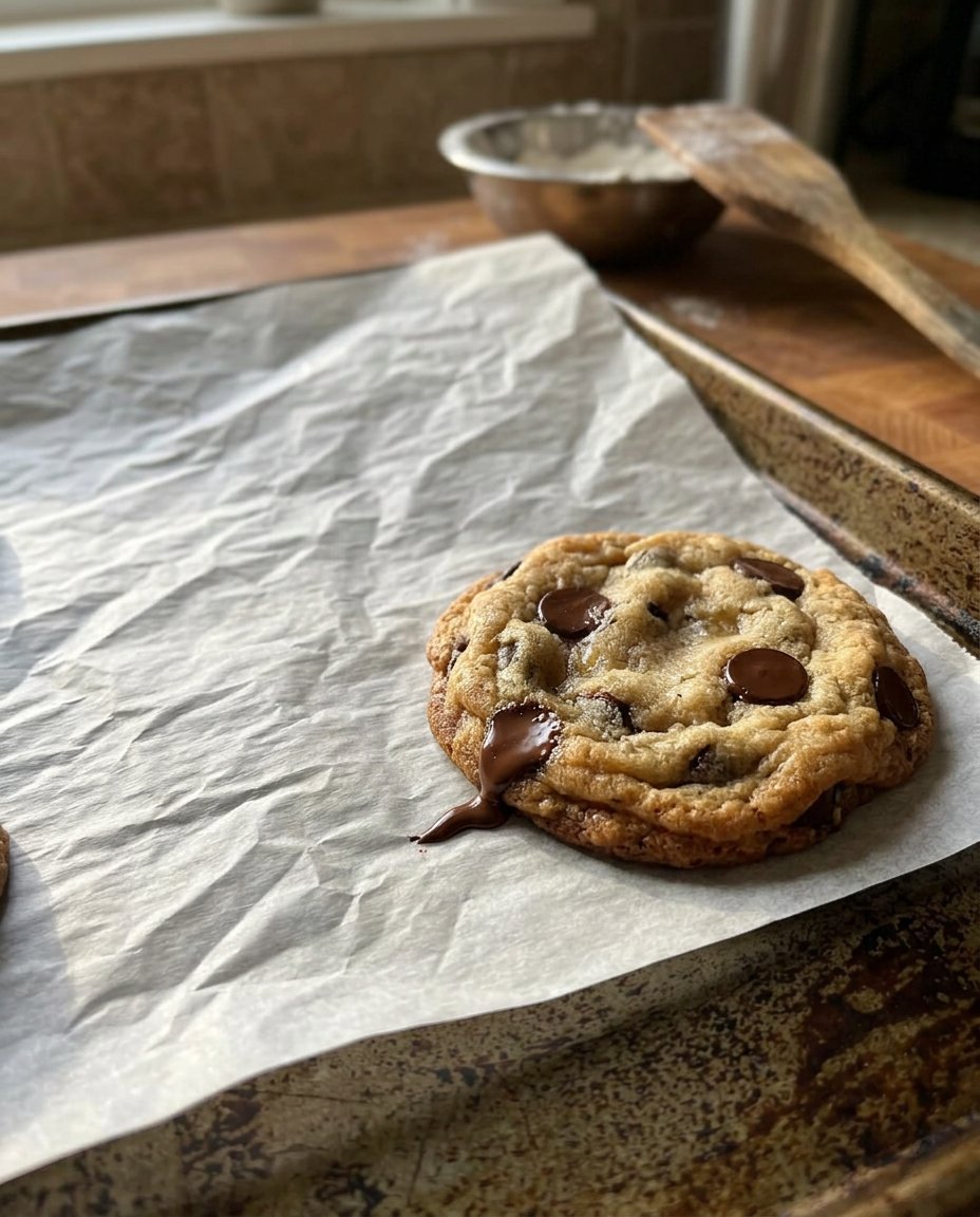 A stack of golden brown chocolate chunk cookies with pools of melted dark chocolate on a rustic wooden table.