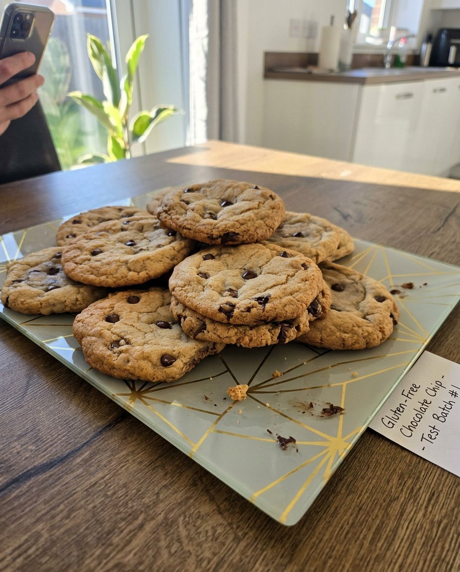 Gluten free chocolate chip cookies with golden edges and melty dark chocolate chips.