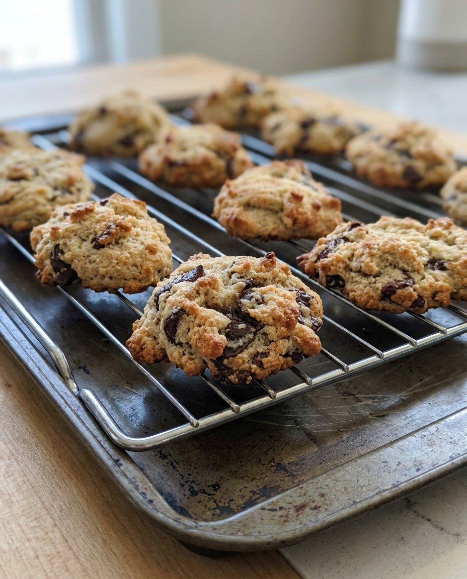 Freshly baked paleo chocolate chip cookies cooling on a wire rack