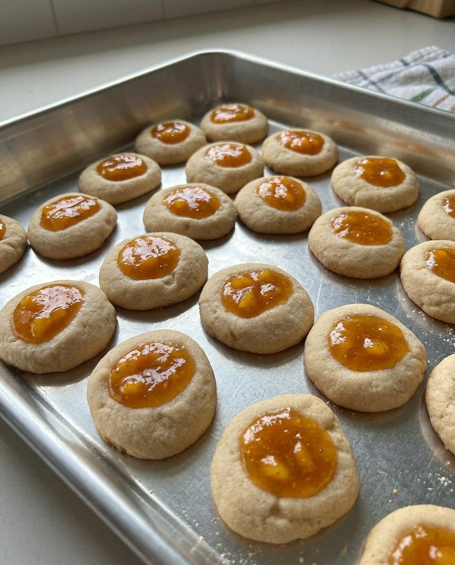 Peach Thumbprint 12 Ingredients for peach thumbprint cookies including peach pie filling and butter