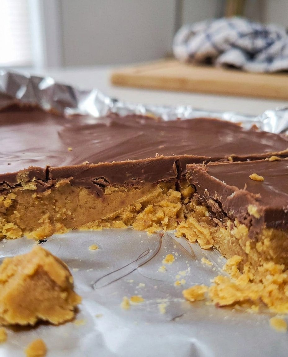 A stack of thick chocolate peanut butter no bake cookies on parchment paper