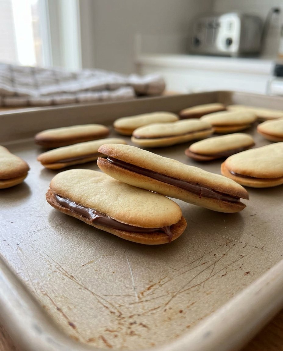 A tall stack of homemade Pepperidge Farm copycat Brussels cookies with chocolate oozing out