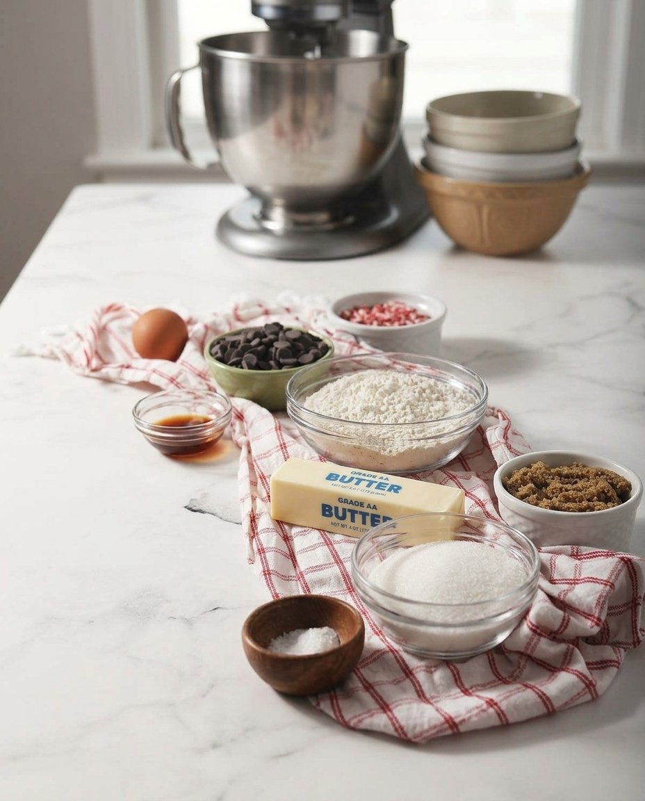 Baking ingredients for peppermint cookies including butter, flour, and peppermint chips arranged neatly.