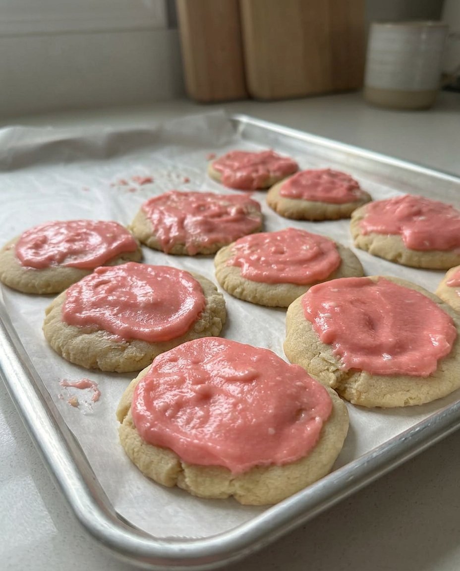 Close up of a thick sugar cookie with a swirl of almond frosting