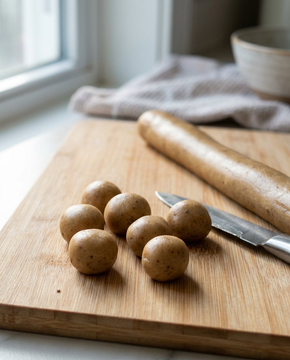 Small balls of pfeffernusse dough on a parchment lined baking sheet