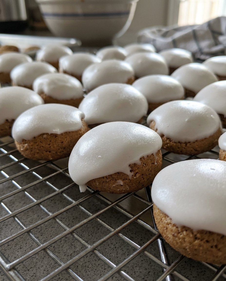 A plate of glazed pfeffernusse cookies next to a steaming cup of tea.