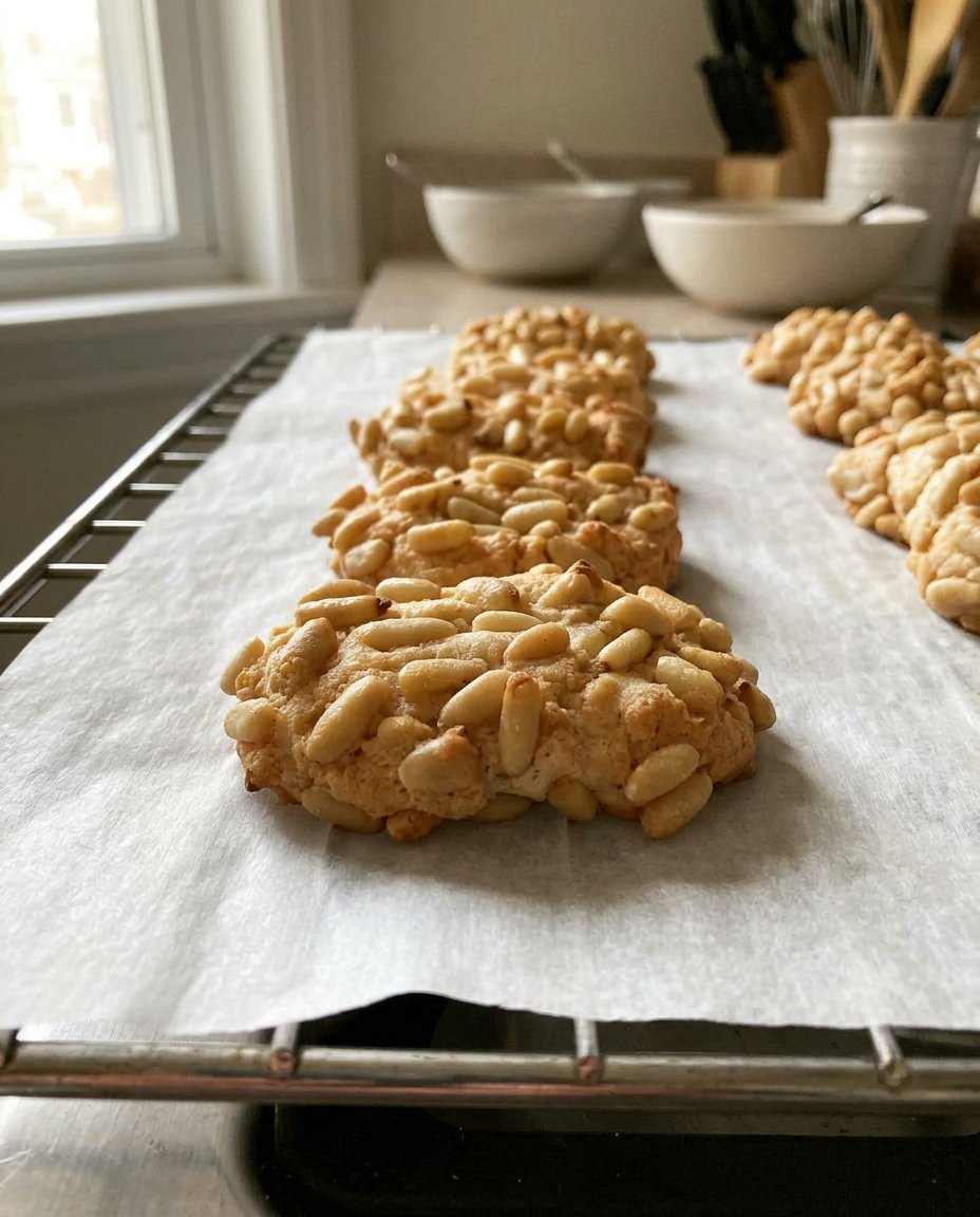 A close up of golden brown Pignoli cookies with toasted pine nuts