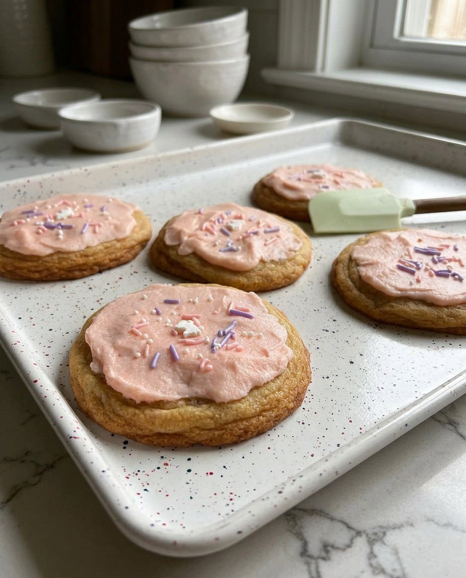 Thick sugar cookies with pink almond frosting on a white plate