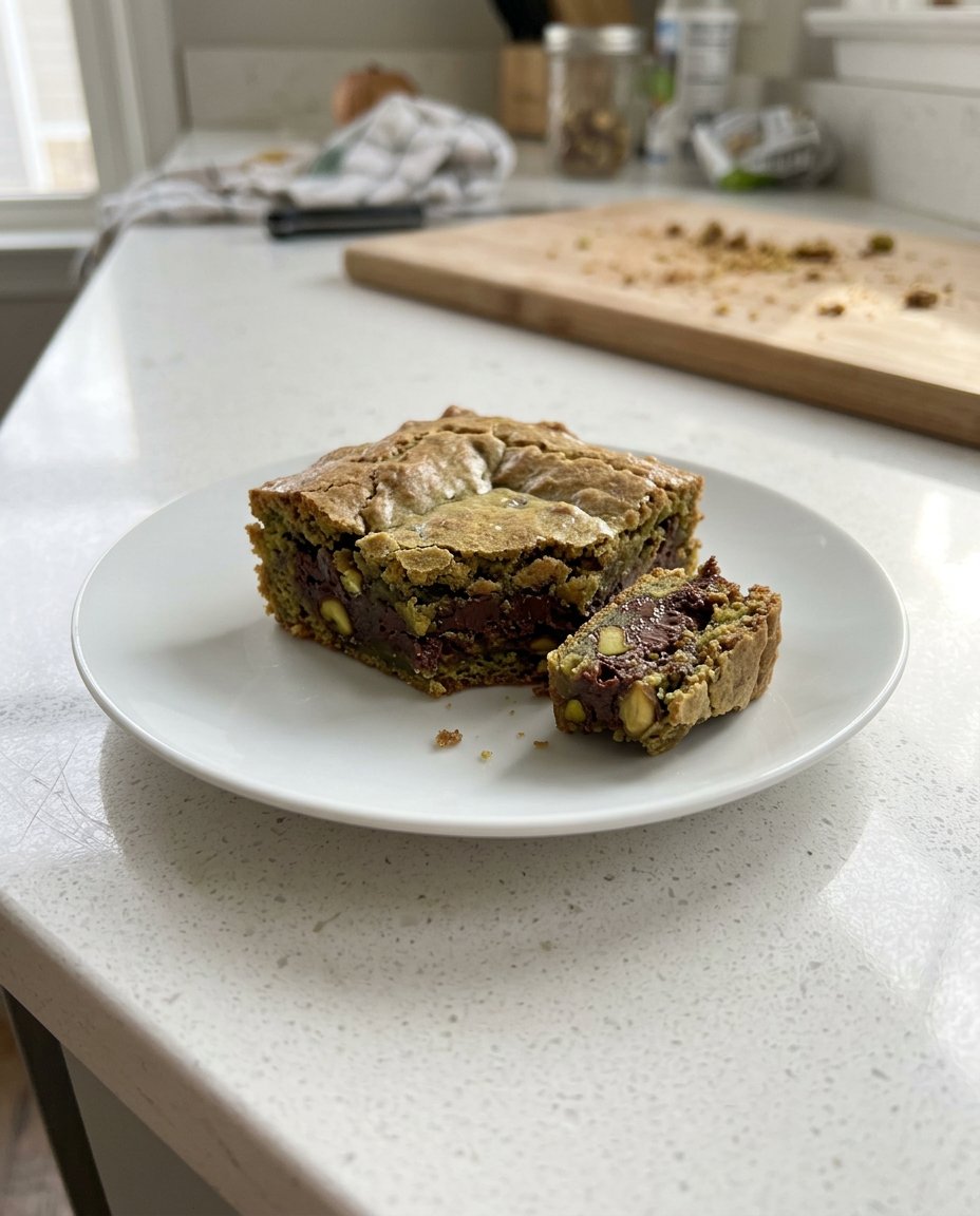 Ingredients for stuffed cookies including pistachios, dark chocolate bars, and pistachio cream
