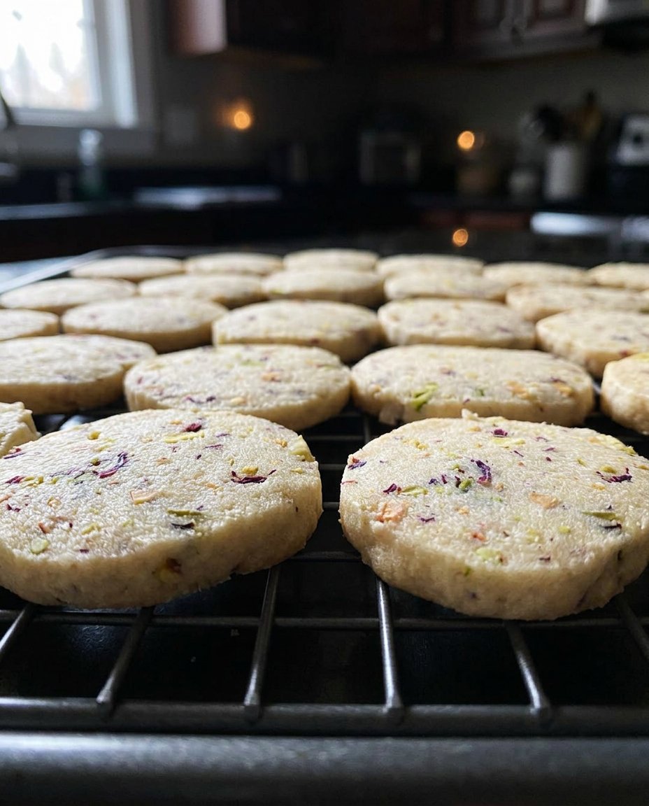 Pistachio Shortbread 14 Finished pistachio shortbread cookies on a wire cooling rack