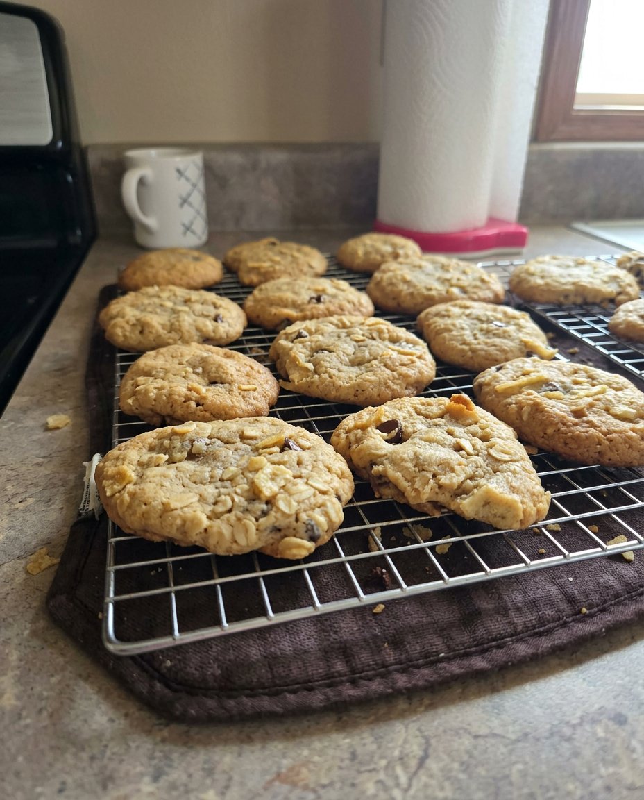A stack of golden brown potato chip chocolate chip cookies on a wooden table.