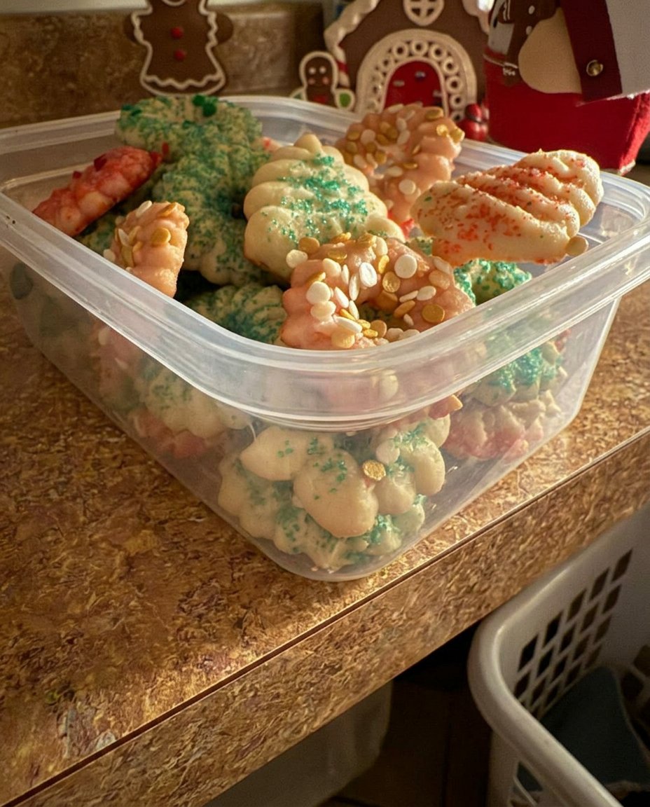Vanilla Spritz Cookies 13 A hand using a metal cookie press to form dough shapes on a cold baking sheet