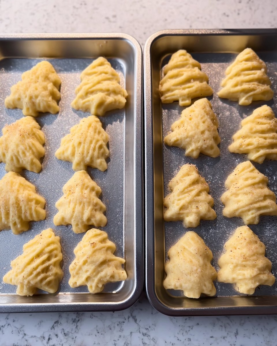 A hand using a cookie press to place dough on a cold baking sheet.