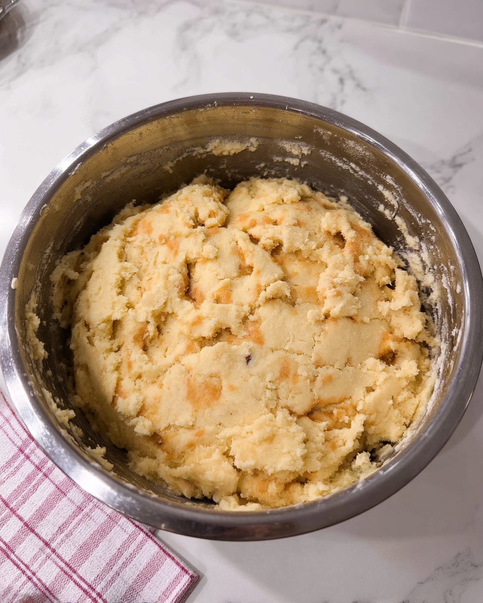 A hand pressing a glass into a sugar cookie dough ball to create jagged edges