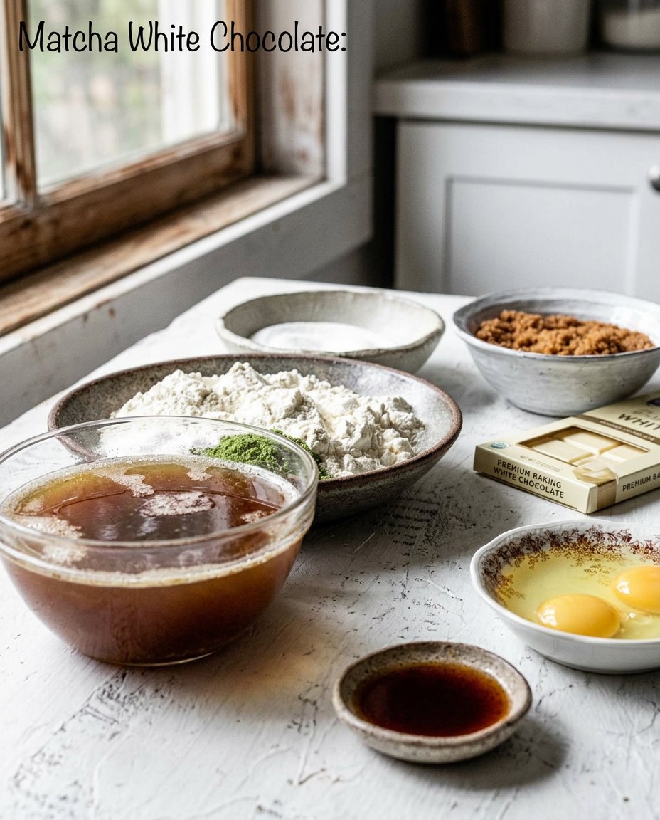 Ingredients for matcha cookies including tea powder and butter