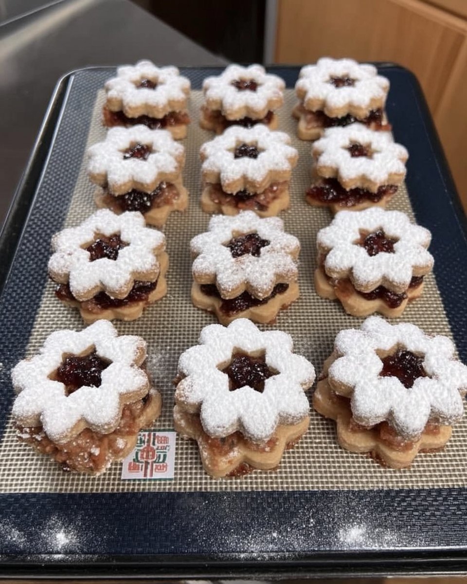 A stack of raspberry linzer cookies with powdered sugar and jam centers.