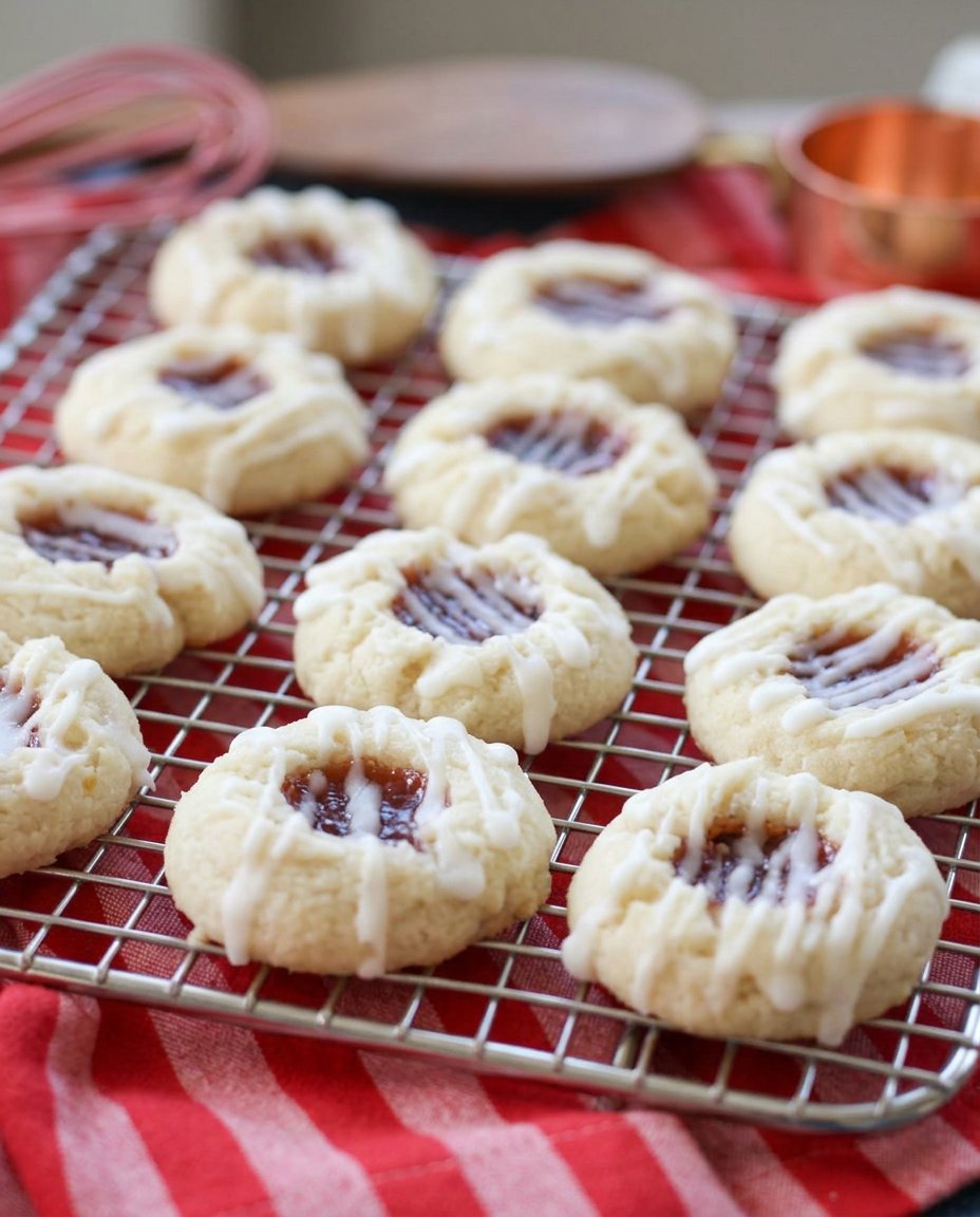 A close up of raspberry thumbprint cookies with vibrant jam centers and a light almond glaze drizzle.