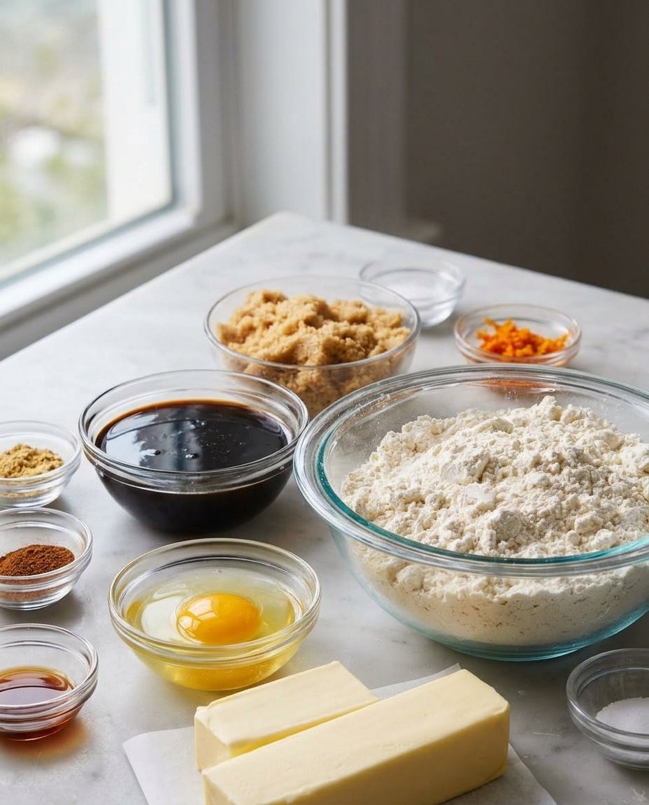 Gingerbread Cookies 12 Ingredients for gingerbread cookies including molasses, ginger, and cinnamon.