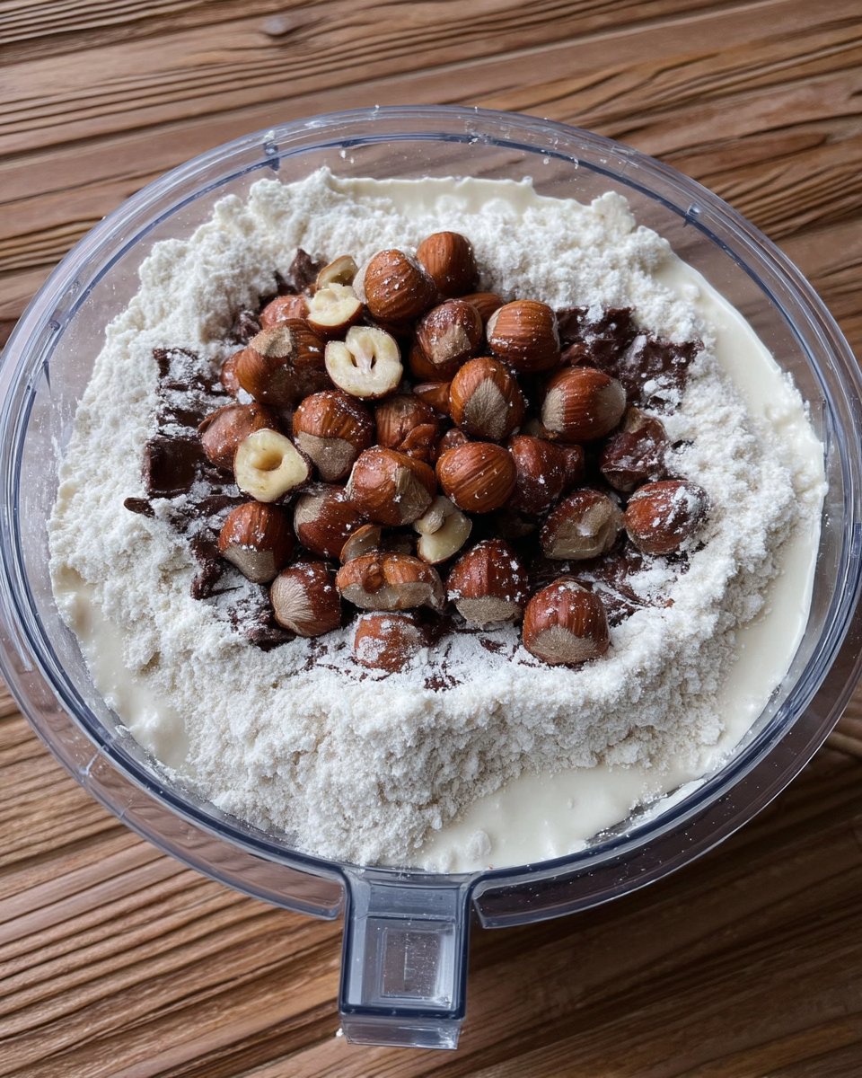 Ingredients for chocolate linzer cookies including dark cocoa and hazelnuts