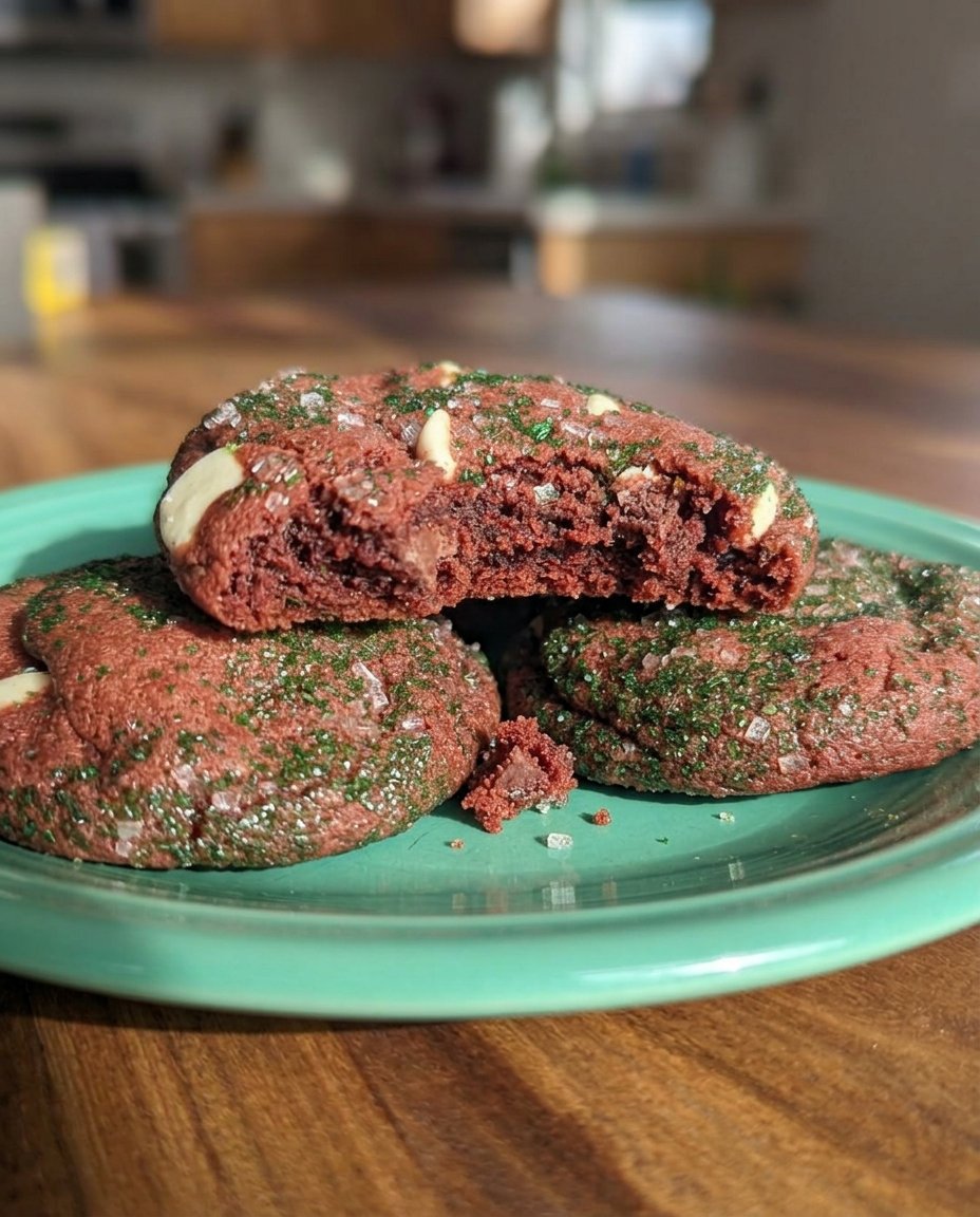 A close up of vibrant red cookie dough with chocolate chips in a mixing bowl