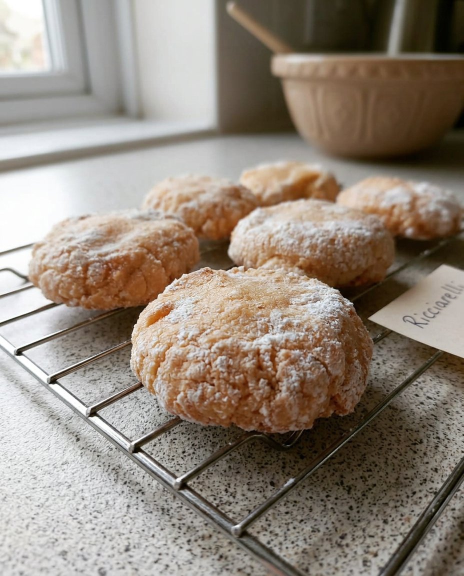 Ricciarelli 14 Freshly baked Ricciarelli cookies served on a plate next to a cup of hot espresso