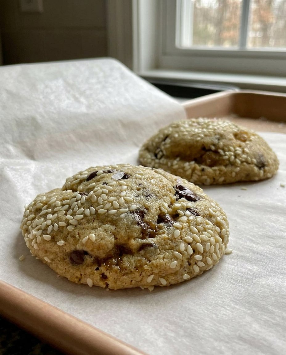 A close up shot of a thick and chewy tahini chocolate chip cookie with melting chocolate
