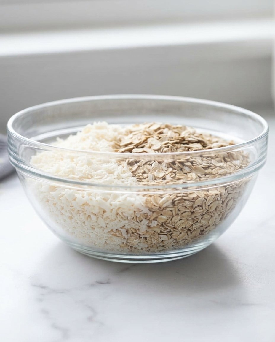 Hands holding a large scoop of thick oatmeal and coconut cookie dough