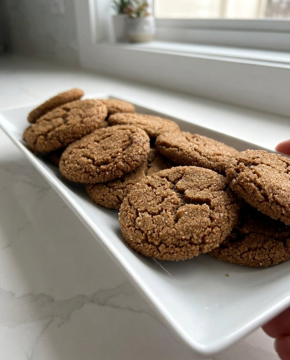 Hands rolling a large ball of ginger cookie dough in a bowl of white sugar