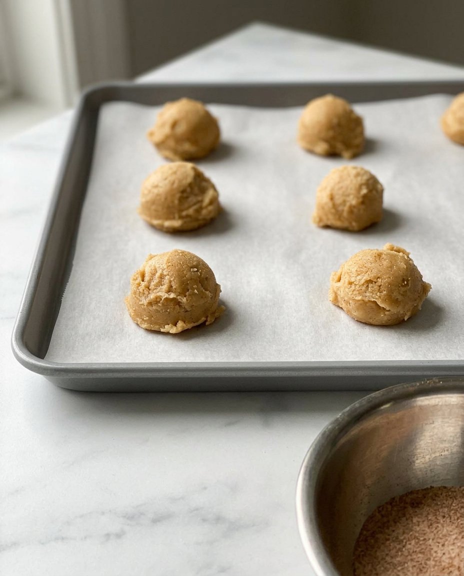 Hands rolling a large 6-ounce ball of cookie dough in cinnamon sugar