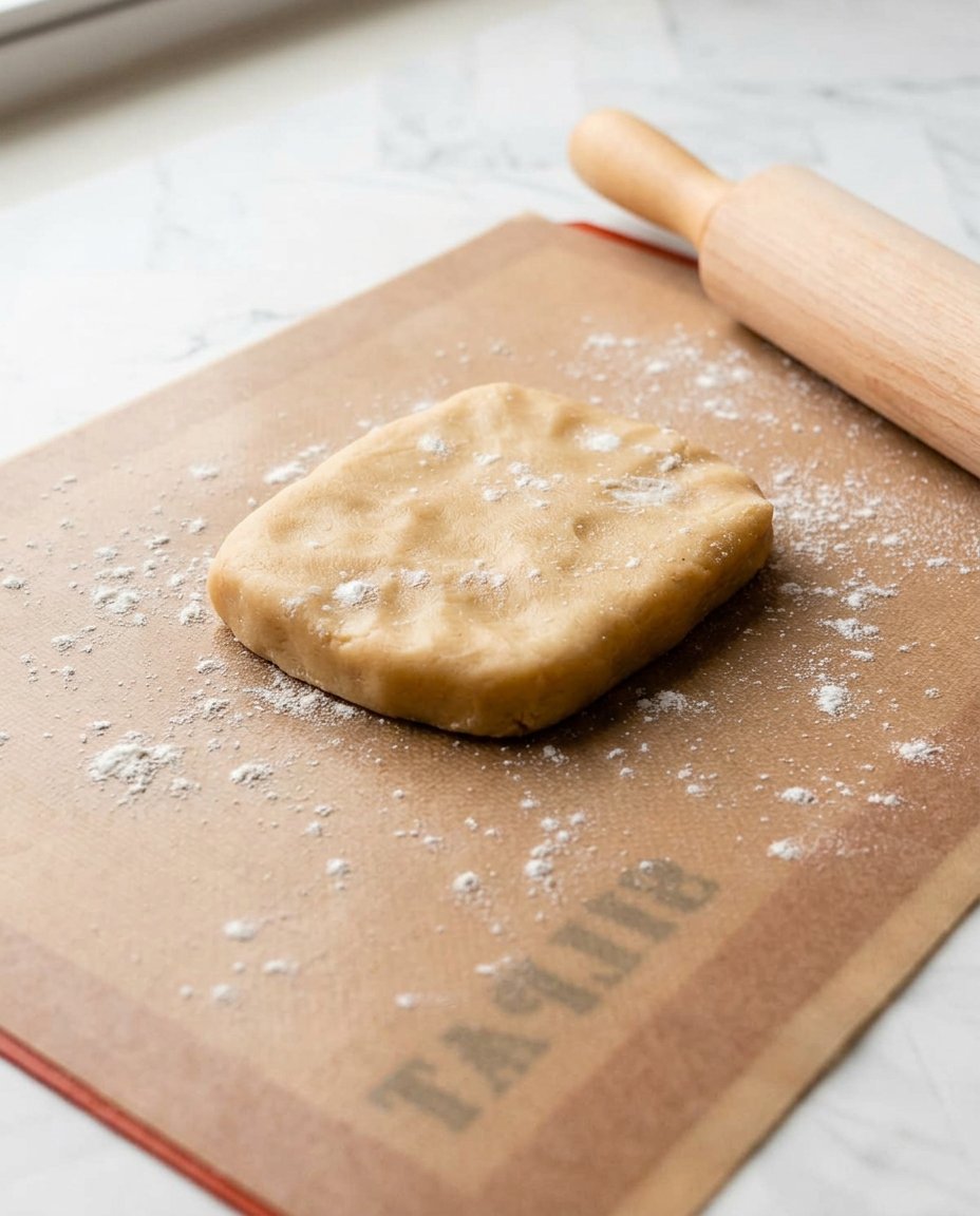 Hands tightly rolling two layers of cookie dough into a long log on parchment paper