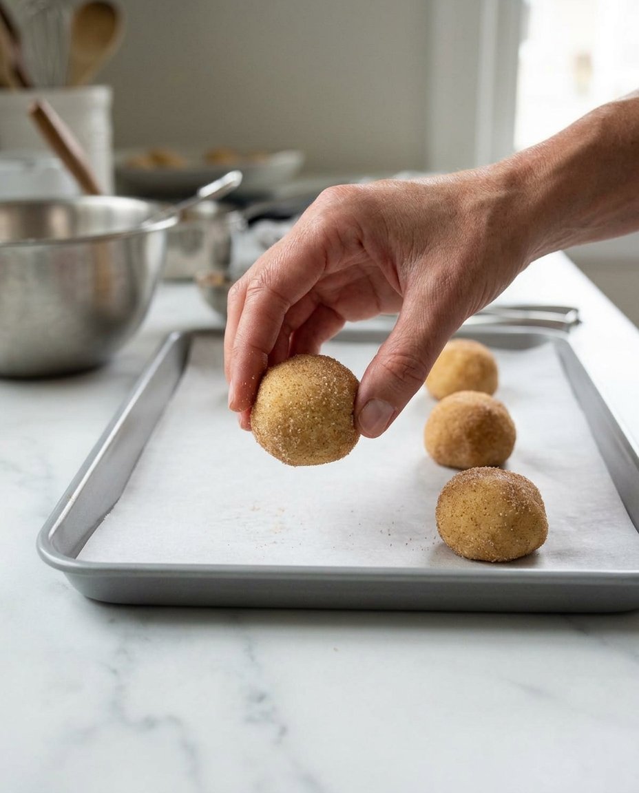 Hands rolling small balls of cookie dough in a mixture of cinnamon and sugar