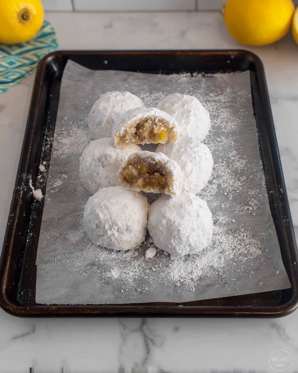 Hands gently rolling a warm baked cookie in a bowl of white powdered sugar.