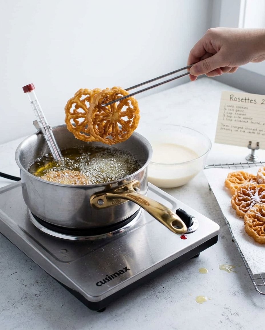 A metal rosette iron being dipped into a smooth pale yellow cookie batter