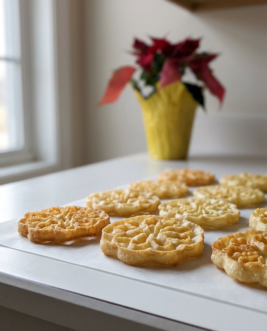 Beautifully arranged rosette cookies on a decorative plate with sugar falling like snow