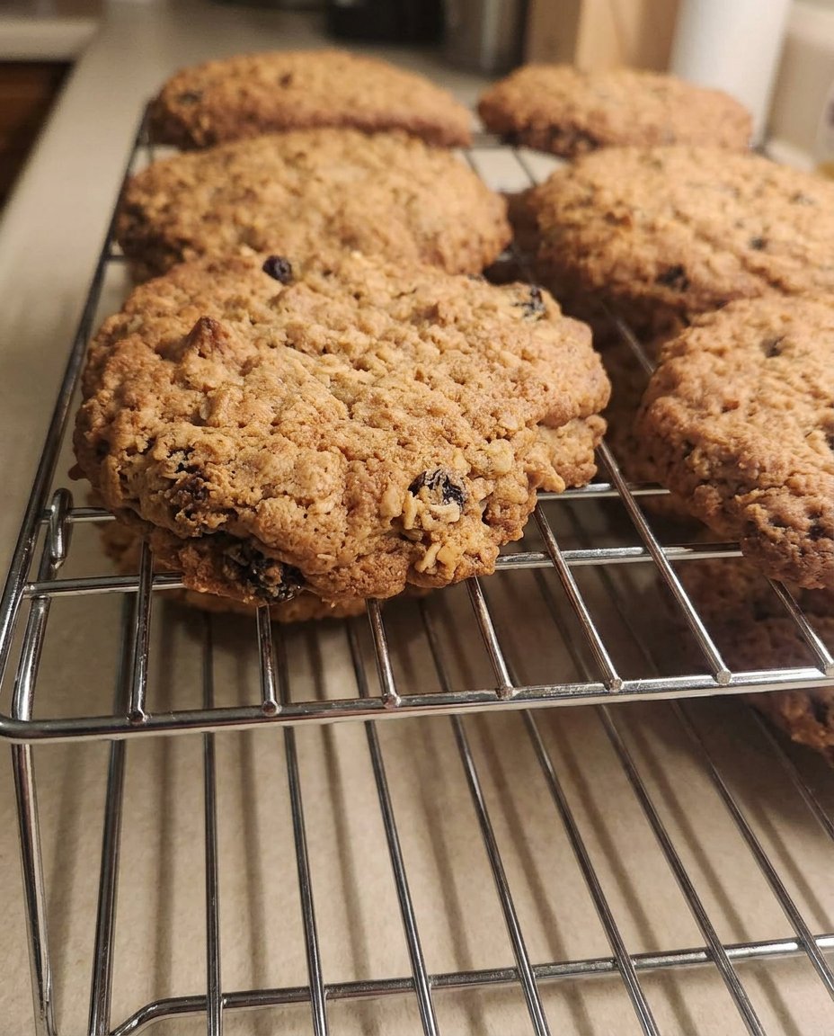 A stack of large rum raisin cookies on a festive serving tray