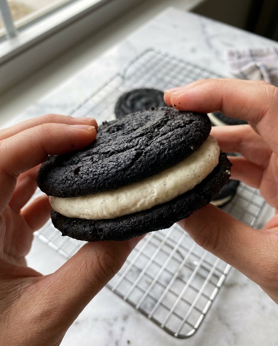Oreo Copycat Cookies 13 Hands pressing two dark chocolate cookies together with a thick white cream filling in the middle