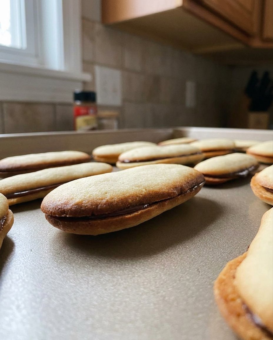 A crispy sandwich cookie being dipped into a tall glass of cold milk