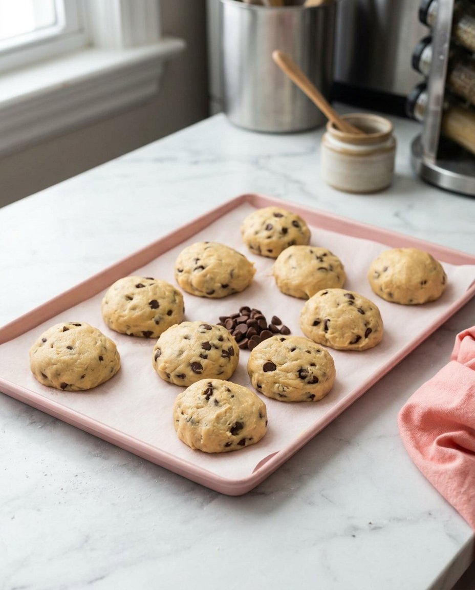 Scooped cookie dough balls on a tray ready for chilling