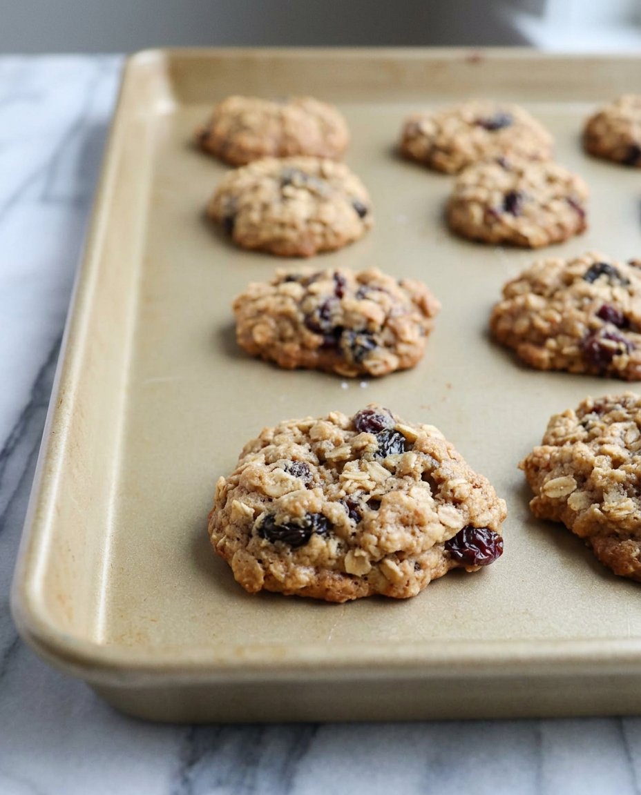 A hand scooping oatmeal cookie dough onto a baking sheet